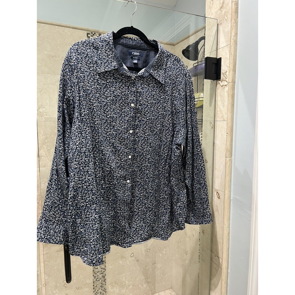 Chaps No Iron Blue White Floral Paisley Cotton Blouse Top Womens 2X